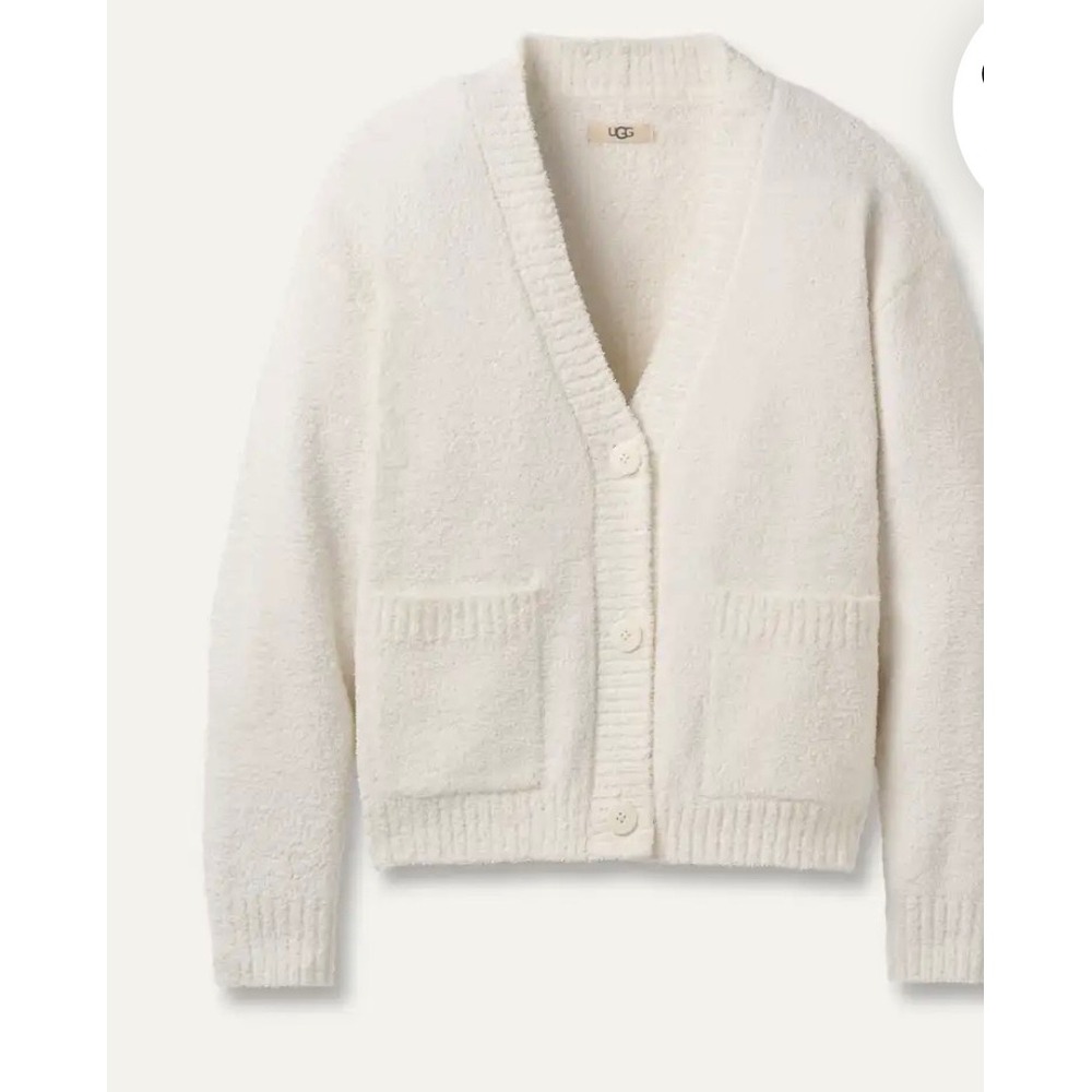UGG Adrienne Cardigan Cream Fuzzy Button Front Pocket Sweater Large 1121595